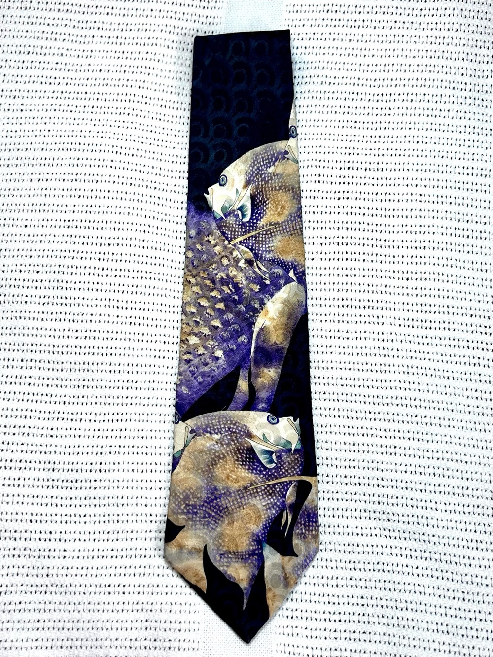 Endangered Species Tropical Fish Silk Tie Navy, Purple, Gold Vintage 90’s
